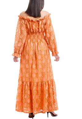Shatha Peach & Gold Off-shuolders Kaftan