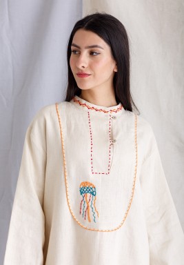 Beige Embroidered Midi Kaftan