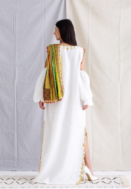 White Beaded Kaftan with Embroidered Scarf