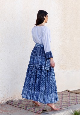 Blue Printed Ruffled Belted Dress