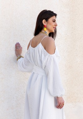 White Cold Shoulder Belted Kaftan
