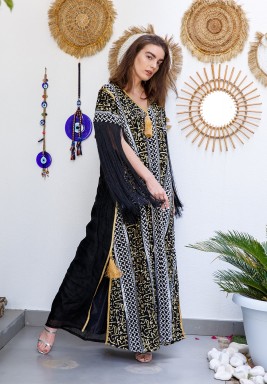 Black Calligraphy Embroidered  Kaftan