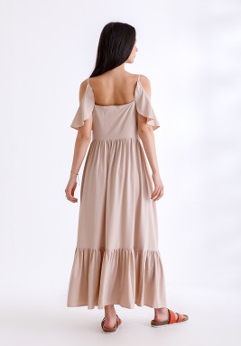 Beige Cold Shoulder Ruffled Dress