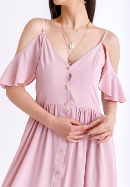 Pink Cold Shoulder Ruffled Dress 
