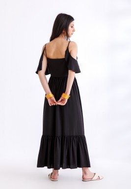 Black Cold Shoulder Ruffled Dress 