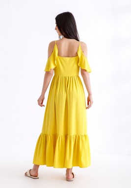Yellow Cold Shoulder Ruffled Dress 