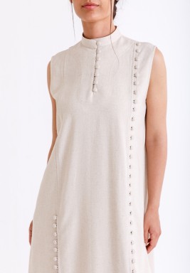 Beige Buttoned Slit Dress