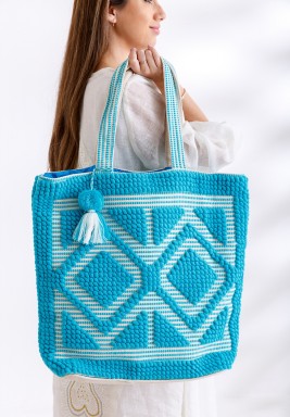 Turquoise: Summer Vibes Beach bag with a Pompom and a Tassel at the End of Zipper. 