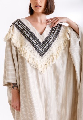 Beige Striped Tasseled Kaftan