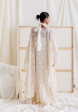 Off White Printed Bisht & Off White Dress