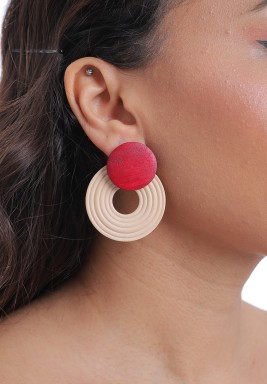 Red & Wooden Circle Drop Earrings