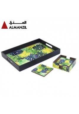 Al-Manzil Leaf Printed Enamel Tray Set with Coaster - Green