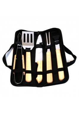 Kashta Wooden Handle BBQ Tool Set With Carry Bag 5 Pieces