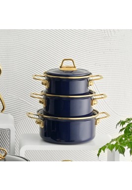 Karaca Piraye Enamel Cookware Set Navy Blue Gold 6 Pieces