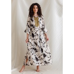 White Kaftan with Black Ink Splash Prints
