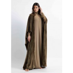 KhakiTulle High Neck Kaftant with Velvet Bisht 