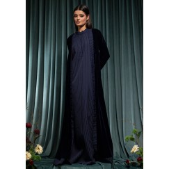 Navy Velvet Bisht With Striped Kaftan
