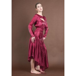 Maroon Belted High Low Satin Dress