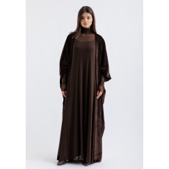 Brown Tulle High Neck Kaftan with Velvet Bisht