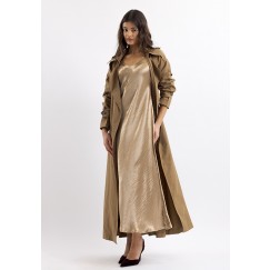 Tan Camel Trench Coat & Gold Dress Set 