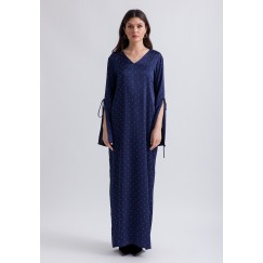 Navy Studded Satin Dress with Slit Sleeves and Ties 