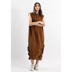 Caramel Washed Silk Dress With Gathered String Detail 