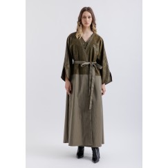 Leather Detailed Stitch Olive Bisht Set