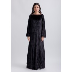 Black Crinkled Velvet Long sleeve Kaftan with Tulle Trim