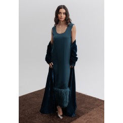 Prussian Blue Fur Silk Dress and Velvet Jacket Set