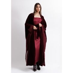 Crimson Red Velvet Belted Bisht With Satin Dress Set