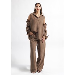 Mocha Oversized Shirt with Open Shoulder Details 