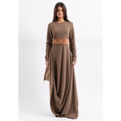 Mocca Brown Draped Dress with Embroidered Belt 