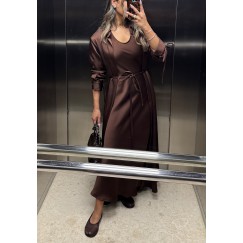 Chocolate Brown Belted Shirt with Dress Set 