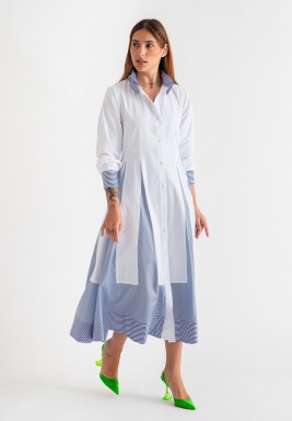 Blue Stripes Sleeves Tied Waist Dress 
