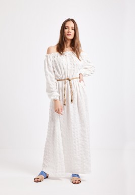 White Off Shoulder Shirred Maxi Dress 