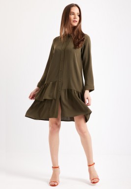 Olive Ruffled Shirt Dress