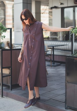 Brown Asymmetrical Dress with Embroidery