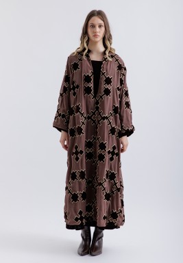 Velvet Brown Patterned Kaftan Set