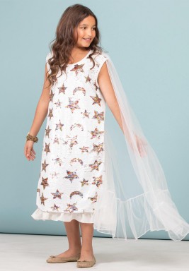 White Stars Embroidered Kids Dress