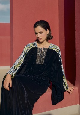Navy Velvet Kaftan with Handmade Embroidery