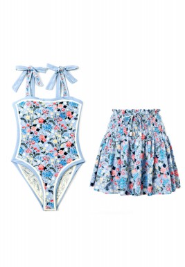 Blue Multi Colors Set of Swimsuits & Coverup (Double Sided)