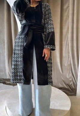Dark Gray & Blue Tweed Fabric Two-Piece Set