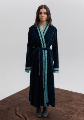 Prussian Blue Velvet Wrap Dress with Organza Details 