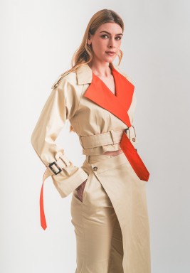 Cropped Trench Coat in Beige with Orange Color Collar