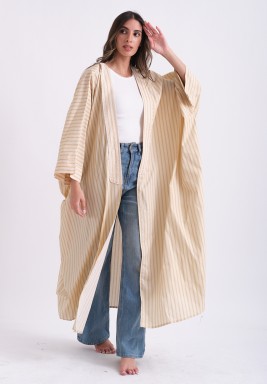 Striped Orient Bisht in Beige Cotton