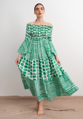 Printed Elastic Waist Off Shoulder Dress