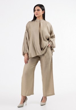 Beige Textured Oversize Tunic & Pants Set
