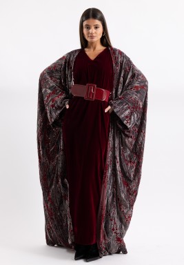 Burgundy Velvet Bisht Set with leather Belt
