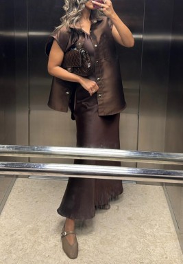 Brown Oversized Sleeveless Shirt with Dress Set