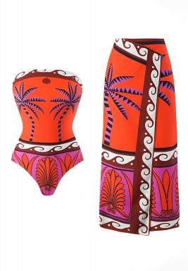 Orange & Red Set of Swimsuit & Bottom 